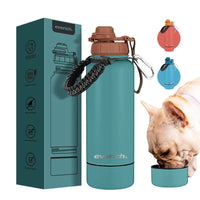 HKM-355155 Stainless Steel 32oz Portable Dog Water Bottle with Foldable Travel Bowl and Storage Bottom