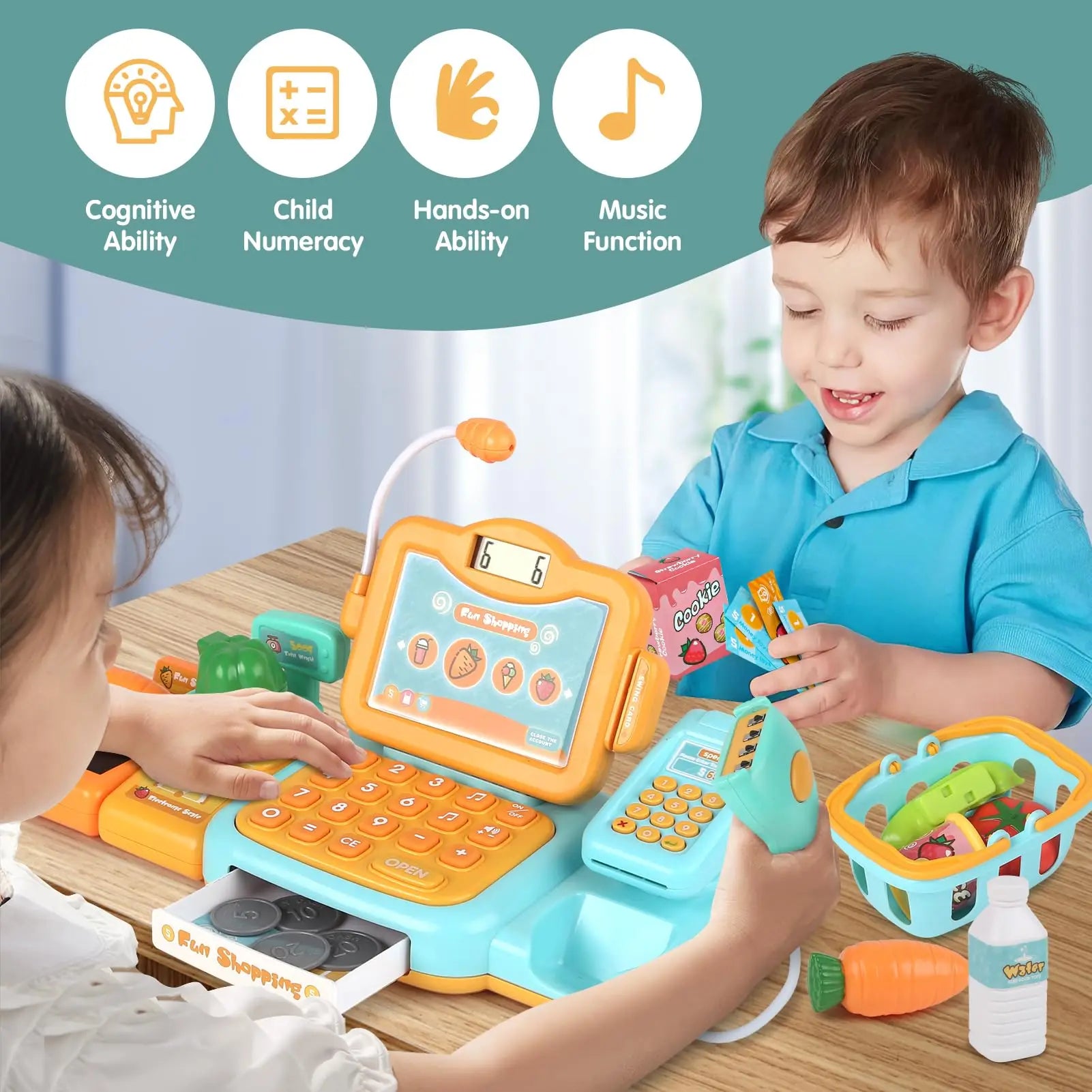 HKM-541715 Kids Cash Register Play Set with Scanner – Fun Supermarket Simulation Toy for Ages 2 to 13