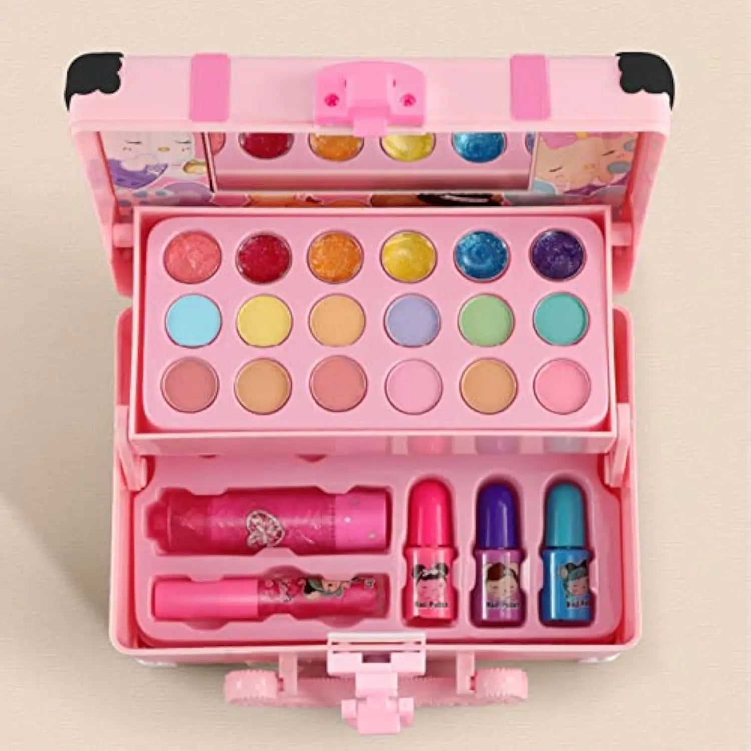 HKM-376723 Portable Makeup Kit for Kids with Real Cosmetics, Storage Case, Nail Art and Lipstick