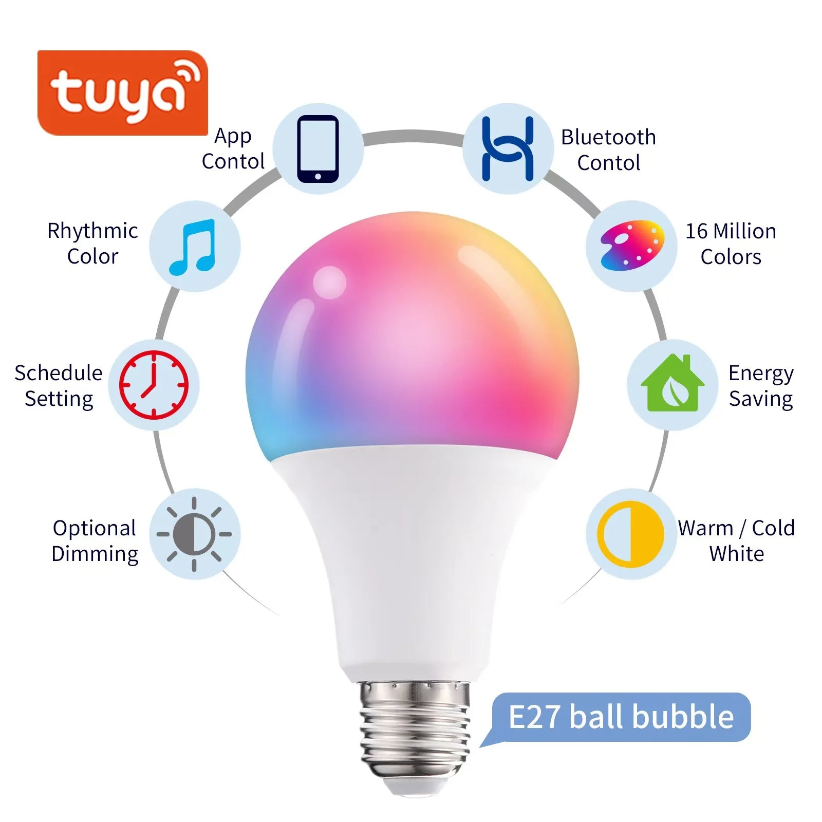 KTX-293587 Smart RGBW LED Light Bulb E27 E26 B22 - Multi-Colour 10W Bluetooth Compatible with Smart Life App