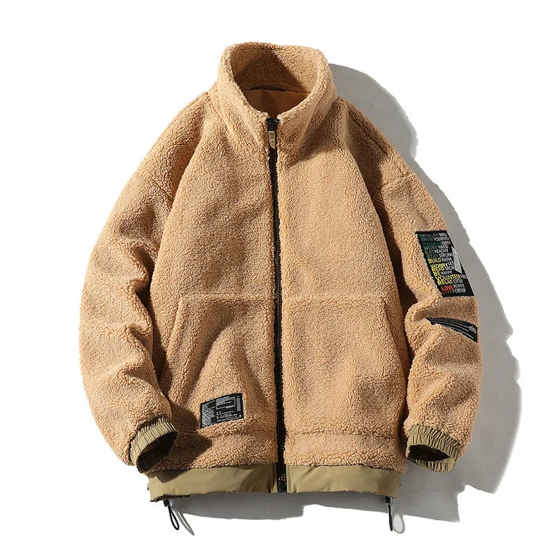 HKM-472595 Men's Casual Lamb Wool Cotton Coat Winter Blouson With Single Breasted Closure Loose and Warm Canvas Clothing