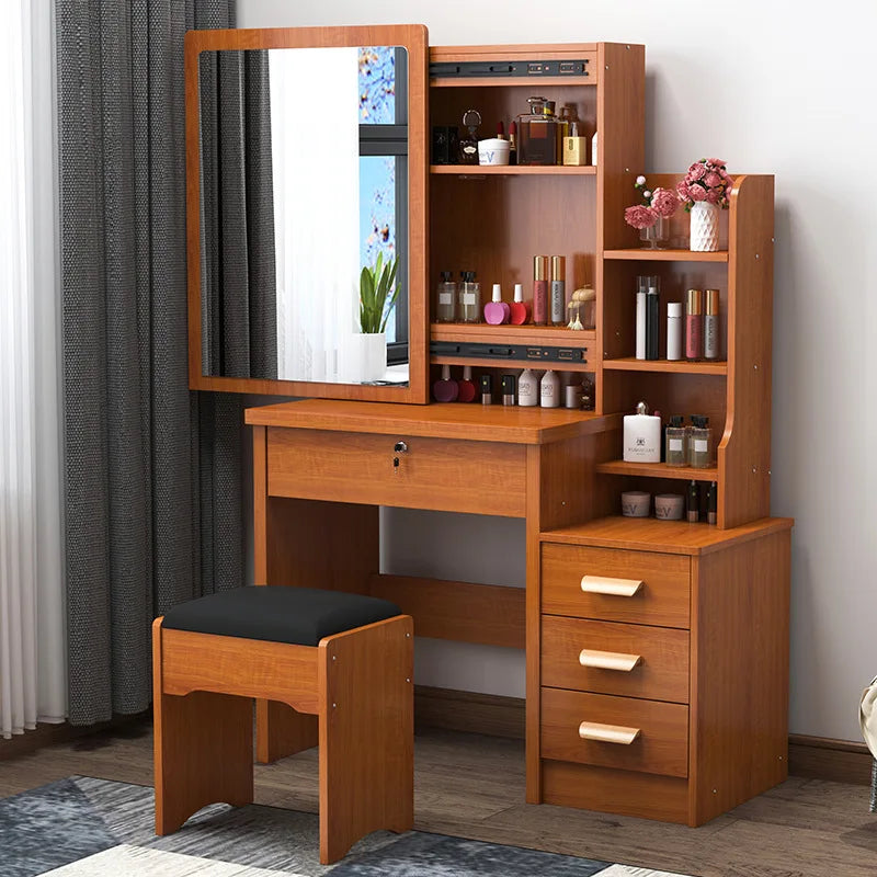 KTX-465171 Wooden Vanity Dressing Table Set with Cushioned Stool and Round Mirror