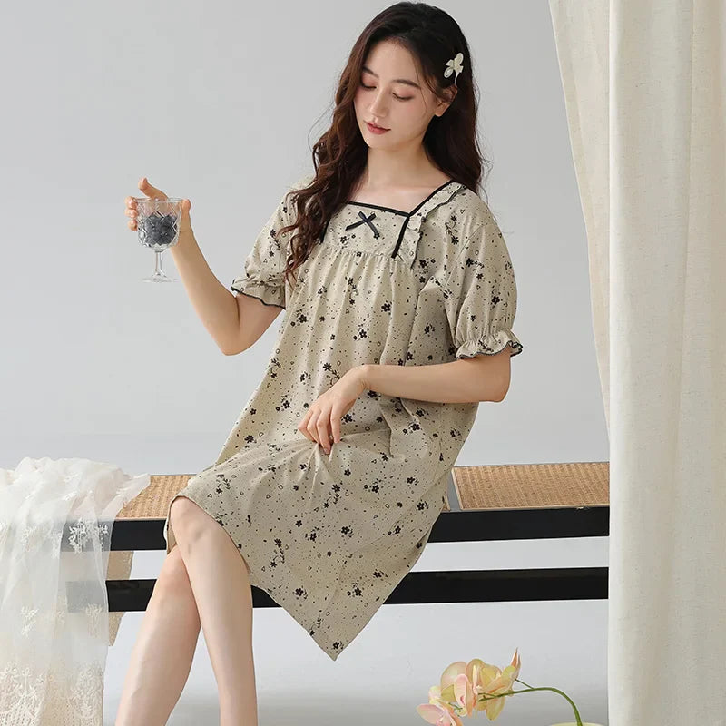 HKM-329171 New Design Plus Size Spring and Autumn Cotton Nightdress Loose Casual Pregnant Women Long Skirts