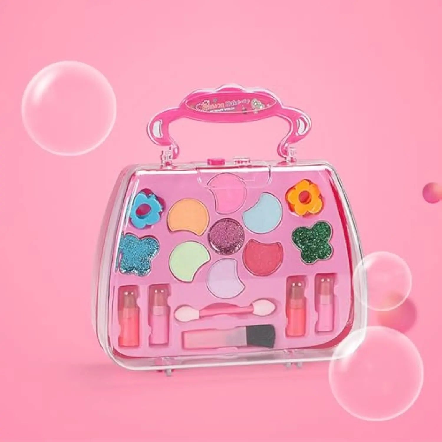 HKM-523603 Kids Pretend Play Makeup Set with Washable Eyeshadow and Lipsticks, Includes Cosmetic Bag, Perfect for Ages 2-13