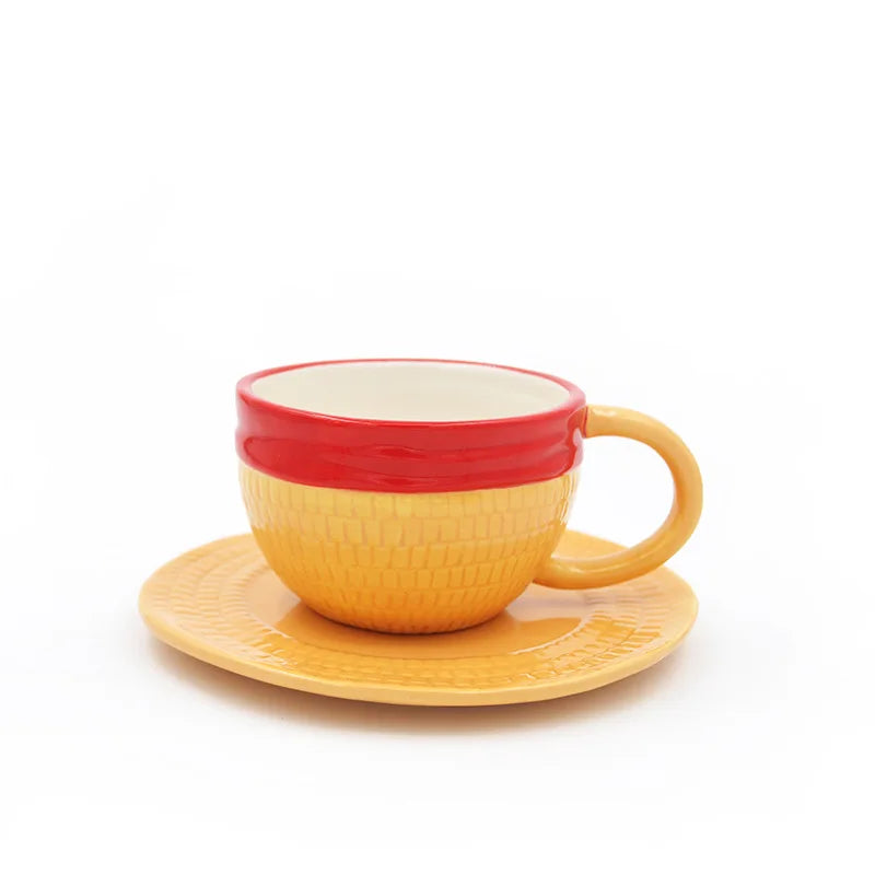 KTX-055699 Ceramic Anime Coffee Cup with Luffy Straw Hat Design, 301-400ml Capacity for Office Use