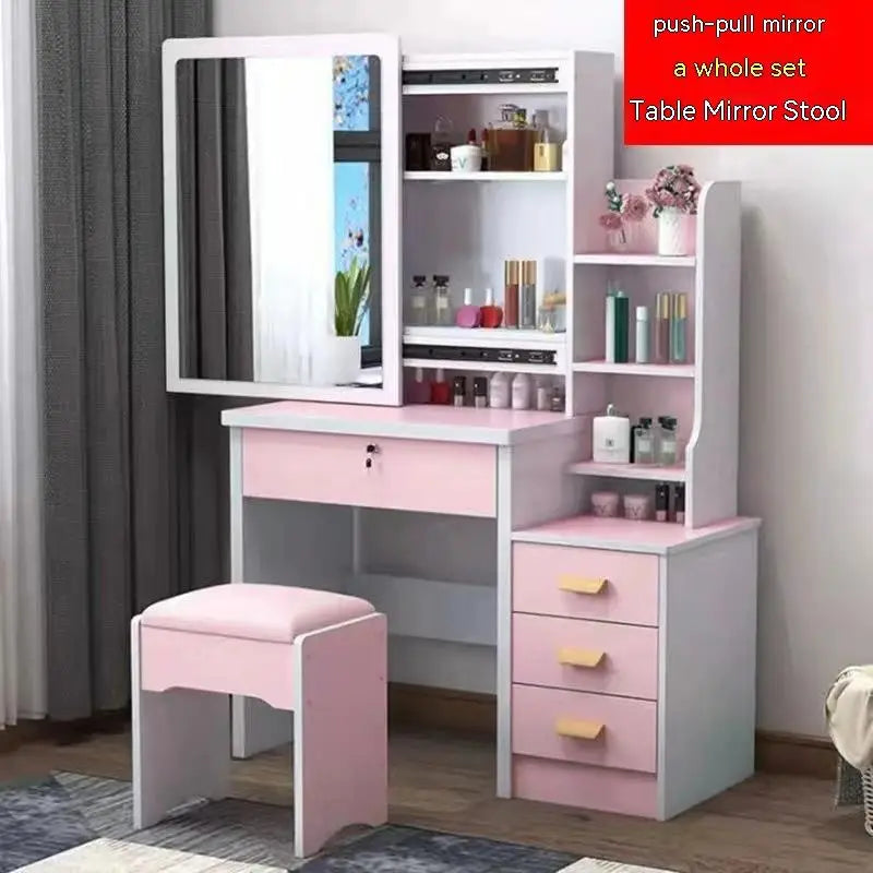 KTX-530707 Elegant Makeup Vanity Table with Mirror and Drawers, Complete with Stool for Bedroom