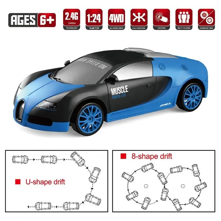 HKM-756435 1:24 4WD Drift RC Car with LED Light, 4-Channel Remote Control, Stunt Racing, Battery Included, Indoor-Outdoor Fun