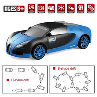 HKM-756435 1:24 4WD Drift RC Car with LED Light, 4-Channel Remote Control, Stunt Racing, Battery Included, Indoor-Outdoor Fun