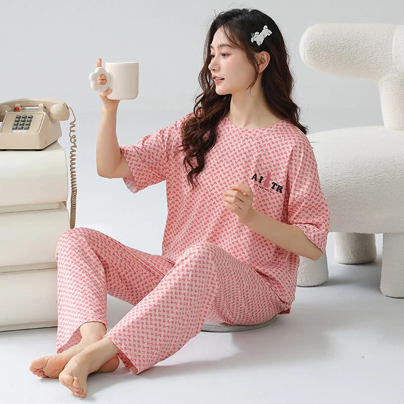 KTX-001491 Heart Shape Print Cotton Pajamas Two-piece Suit Summer Short-sleeved Long Pants Plus Size Home Service Set
