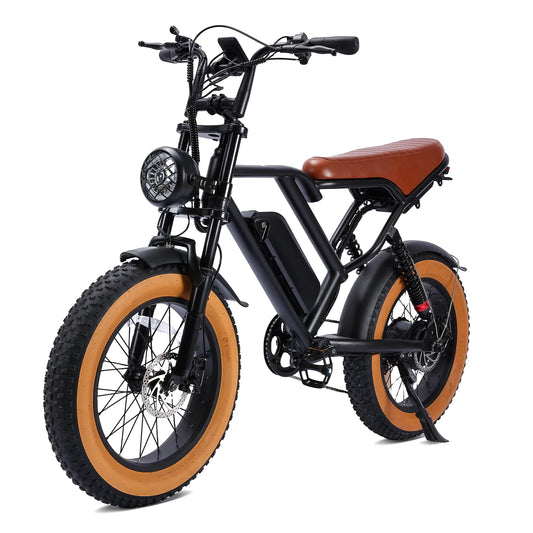 Retro Fat Tire Electric Bike 20 Inch Vintage Electric Bicycle Off Road E Bike With Leather Saddle for Beach Mountain Cycling