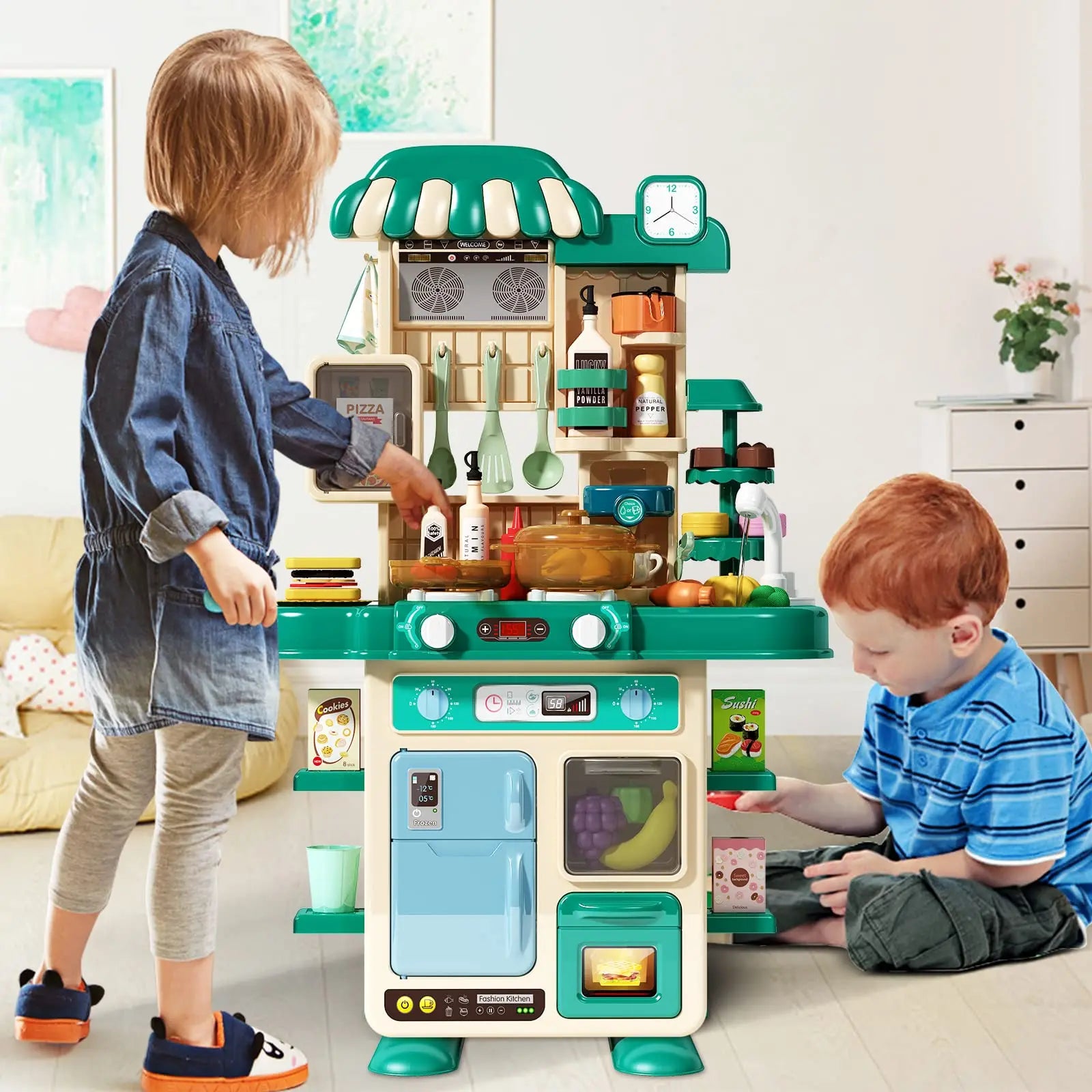 HKM-345107 48-Piece Realistic Kitchen Play Set with Lights and Sounds for Kids Ages 5 and Up