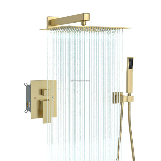 KTX-769299 Contemporary Thermostatic Rain Shower Head and Handheld Faucet Set in Polished Brass Chrome Finish