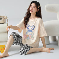 HKM-444435 2pcs Pajamas for Women Set Summer Short Sleeves Seven-point Pants Night Wear Suit Soft Cotton Comfortable Women's Sleepwear