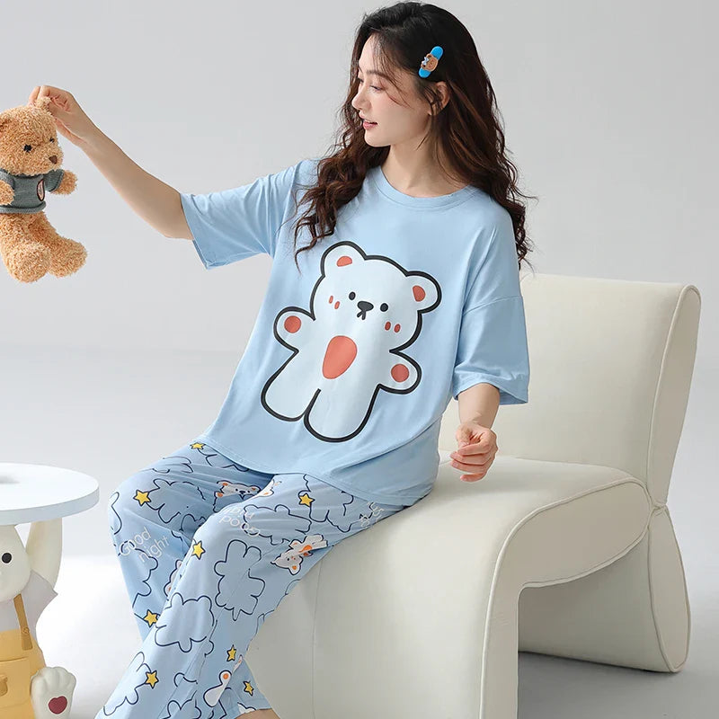 HKM-067027 New Thin Pajamas Casual Loose Short-sleeved Trousers Suit Summer Outerwear Cotton Home Service