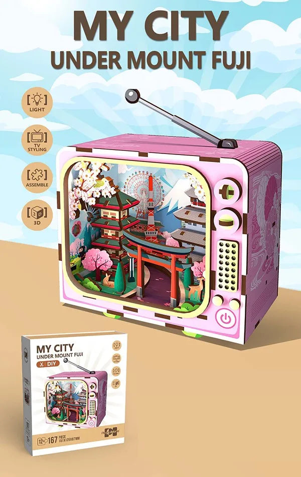 KTX-494291 Wooden 3D TV Set Building Puzzle Miniature Dollhouse DIY Kit for Creative Play