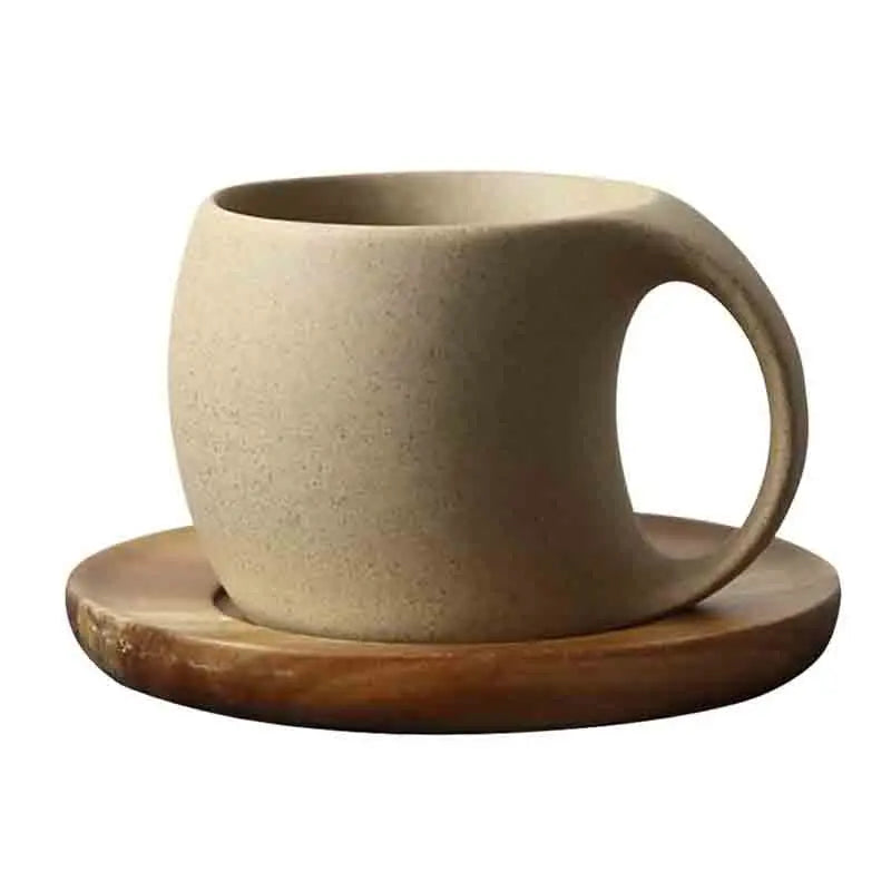 KTX-826323 Japanese Ceramic Coffee Mug with Wooden Saucer - Elegant Porcelain Tea Cup Set