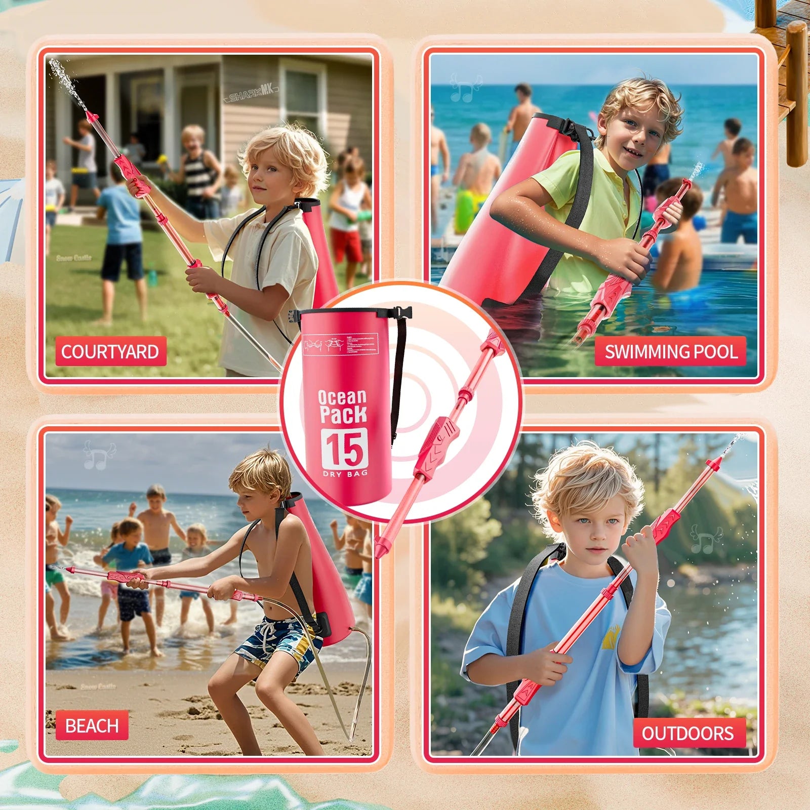 KTX-462291 Large Capacity Kids Backpack for Outdoor Fun with Water Guns & Cannon