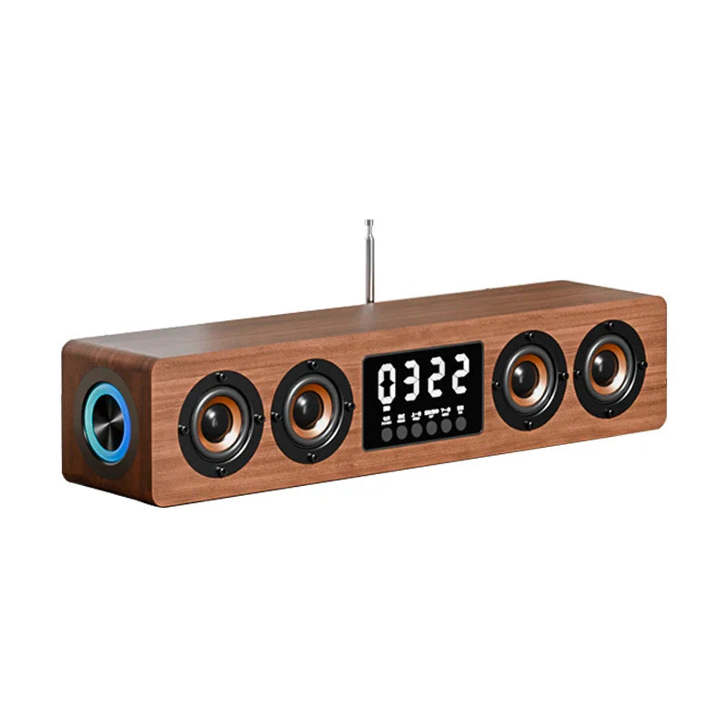 KTX-877779 Wooden Bluetooth Soundbar Speaker with FM Radio and Clock - 45W HIFI Stereo Music Surround for Outdoor Use