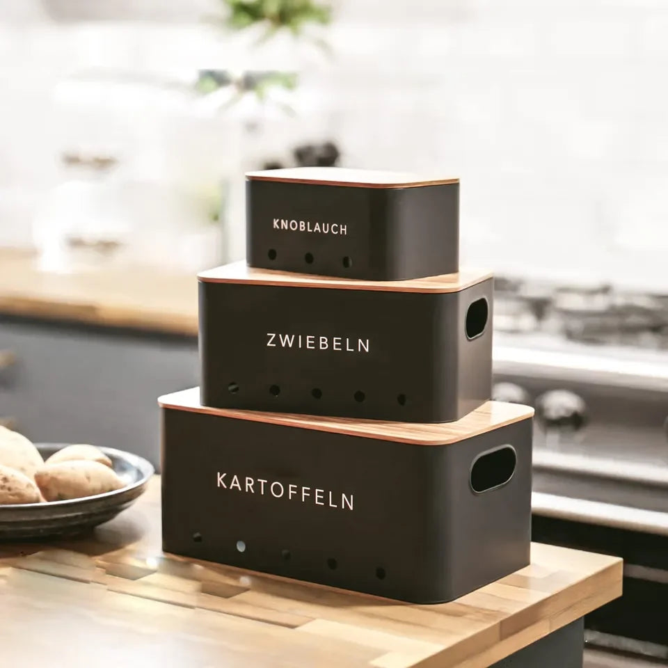 KTX-417619 Rectangle Bamboo Lid Potato, Onion, and Garlic Storage Pots, Carbon Steel Canister, Custom Sizes Available