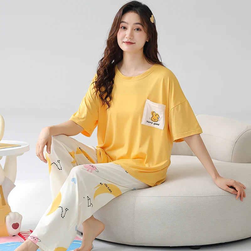HKM-968723 New Pajama Suit Women's Summer Trousers Round Neck Knitted Cotton Student Youth Comfortable Home Clothes Breathable Short Sleeve