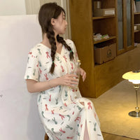 HKM-099795 Lovely Printed Women's Nightdress Cotton Short Sleeve Single Skirt 2024 Summer Loose Comfortable Cardigan Home Wear Wholesale