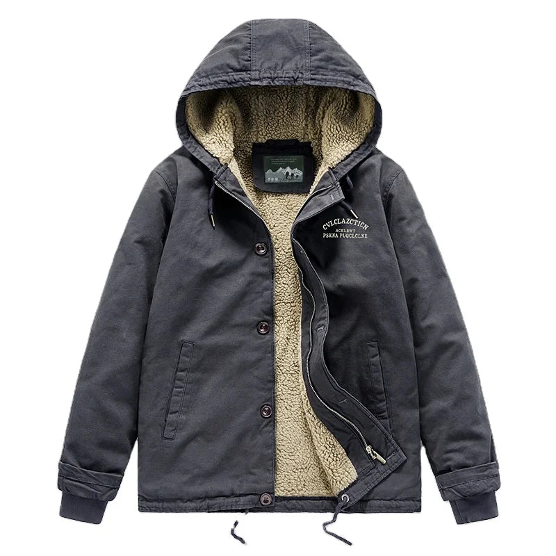 HKM-259027 Men's Winter Thickening Lamb Wool Cotton Coat With Hooded Velvet Collar Short Pilot Jacket Workwear Puffer Jacket