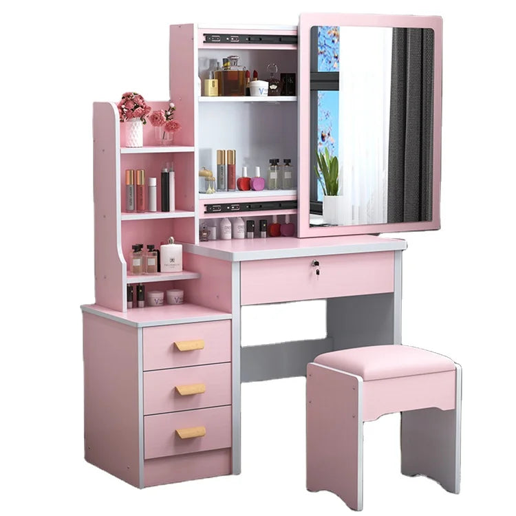 KTX-432403 Wooden Makeup Desk Vanity Set with Cushioned Stool and Round Mirror