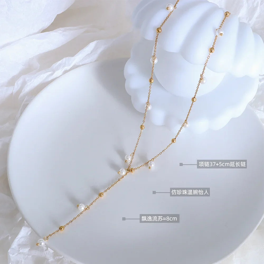 HKM-854611 Exquisite 18K Gold Plated Imitation Pearl Satellite Dainty Chain Tassel Necklace Stainless Steel Jewelry