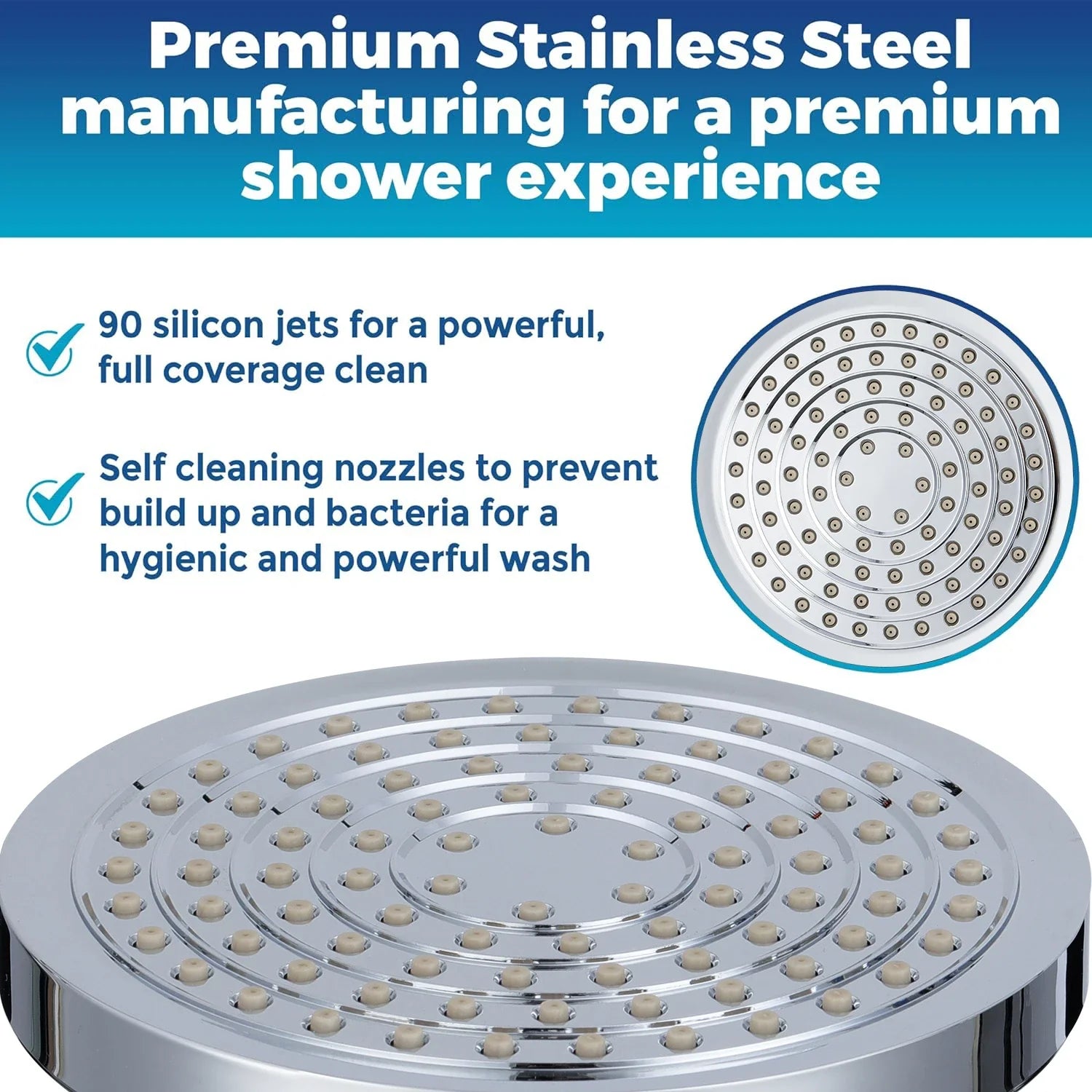 KTX-212243 Chrome Rainfall High Pressure Shower Head V-33020, 6 Inch Wall Mount, ABS & Brass Material, TPR Nozzles