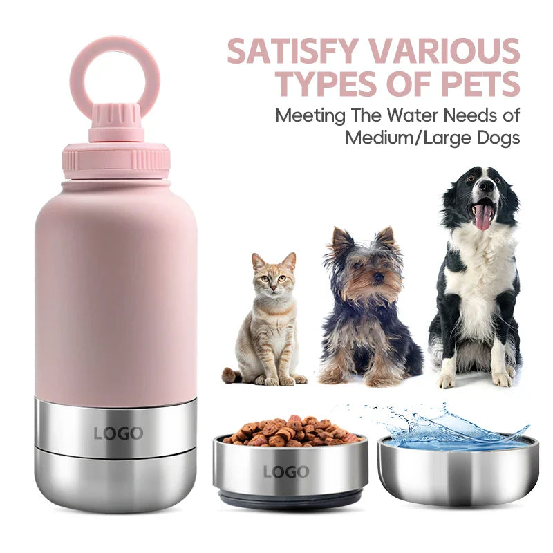 HKM-387923 32oz Stainless Steel Insulated Water Bottle with Magnetic Lid and Dual Bowls for Dogs
