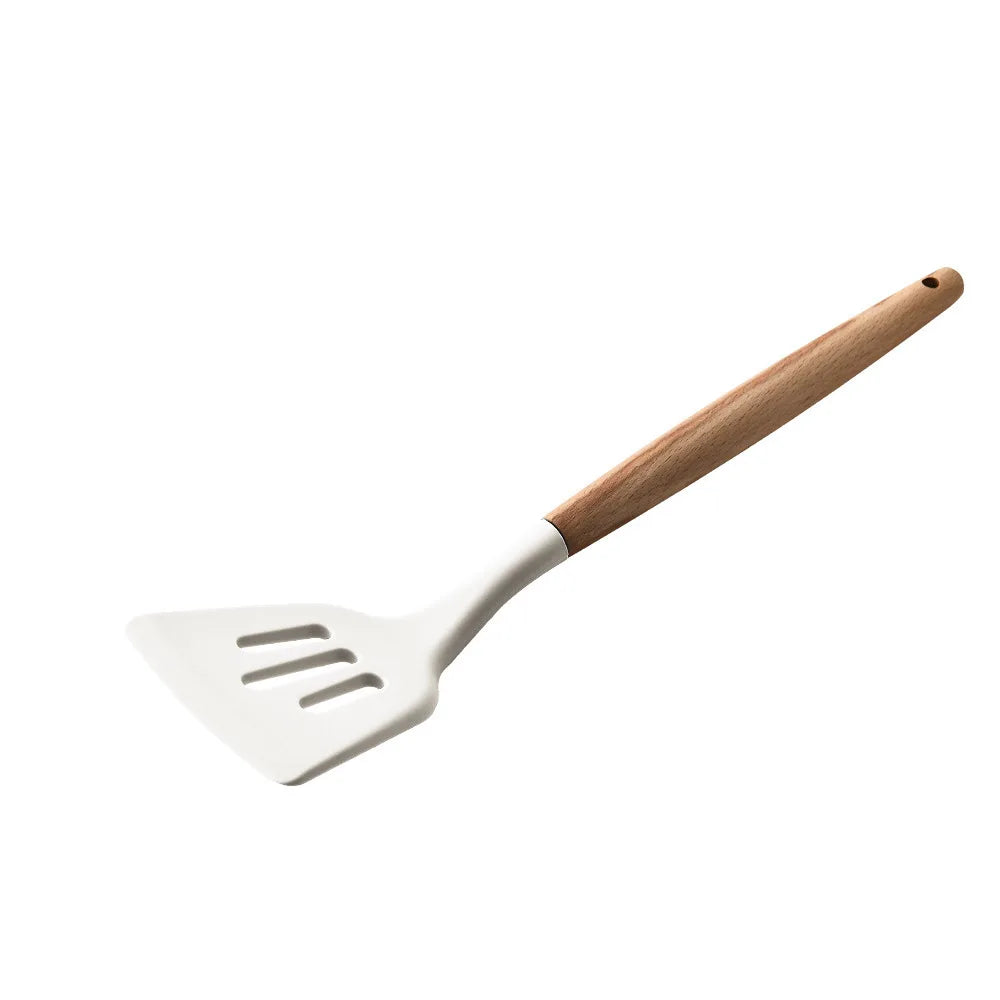 KTX-378387 Creamy White Wooden Handle Nonstick Silicone Kitchen Utensils - 11 Piece Cooking Tool Set