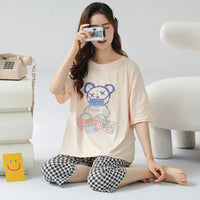 HKM-444435 2pcs Pajamas for Women Set Summer Short Sleeves Seven-point Pants Night Wear Suit Soft Cotton Comfortable Women's Sleepwear