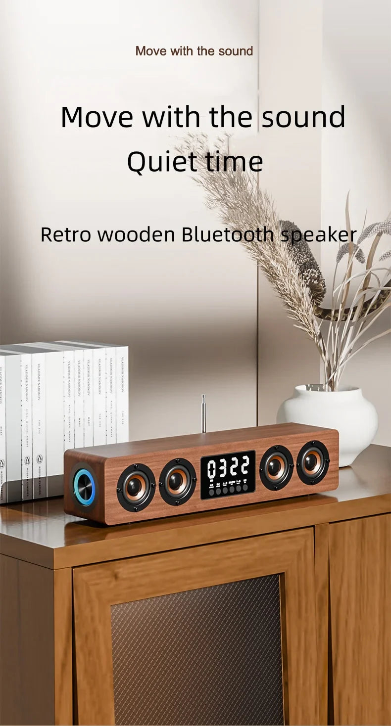 KTX-877779 Wooden Bluetooth Soundbar Speaker with FM Radio and Clock - 45W HIFI Stereo Music Surround for Outdoor Use