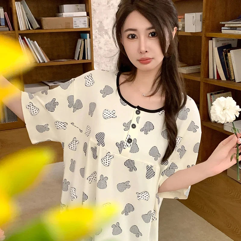 KTX-198099 Mid-length Fashion Nightdress Summer New Cotton Nightgown Cartoon Round Neck Short Sleeves Loose Loungewear Dress