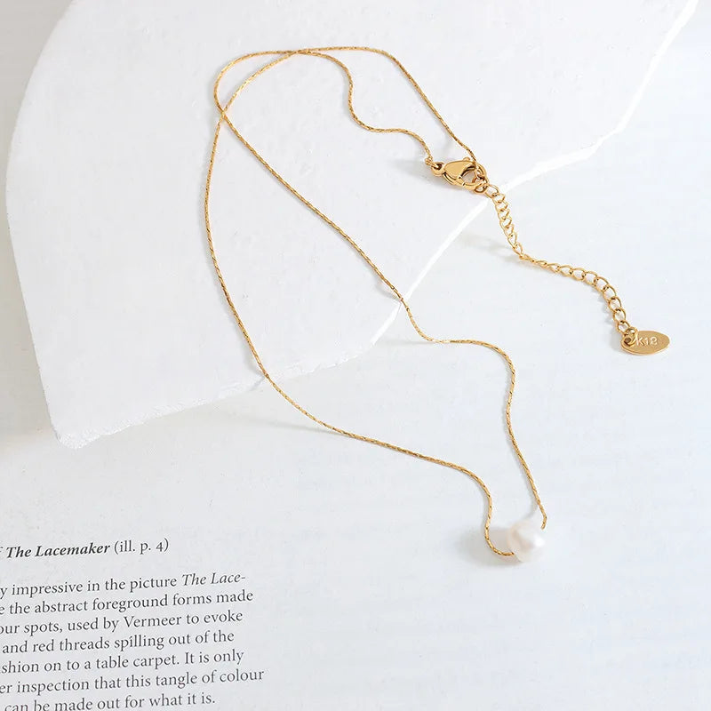 HKM-068179 Newest Design Simple Single Pearl Stainless Steel Wire Chain Necklace Jewelry