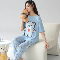 HKM-067027 New Thin Pajamas Casual Loose Short-sleeved Trousers Suit Summer Outerwear Cotton Home Service
