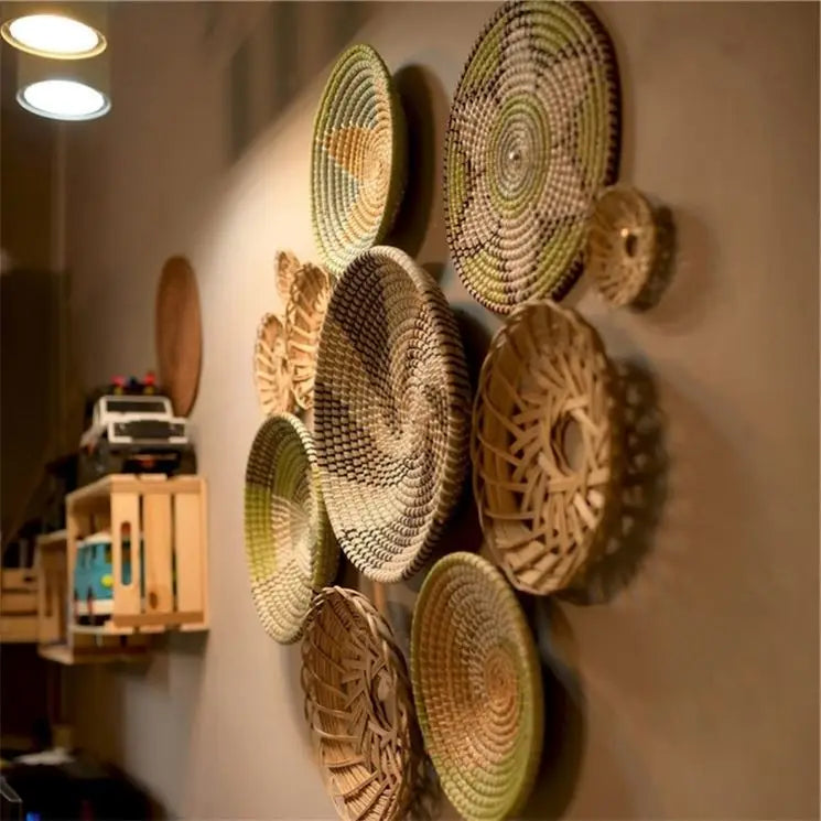 KTX-485139 Handwoven Rattan Wall Hanging Decor Set - Seasonal Boho Straw Artistry for Interior Decoration