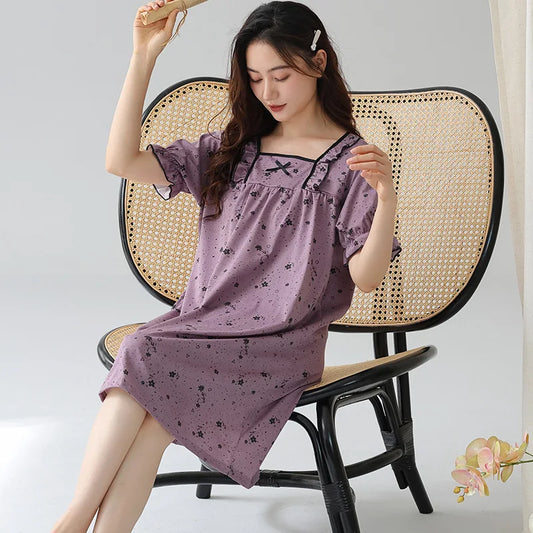 HKM-460243 New Summer Loose Nightgown Short Sleeves Girl Nightdress Cotton Night Dress for Women 2024