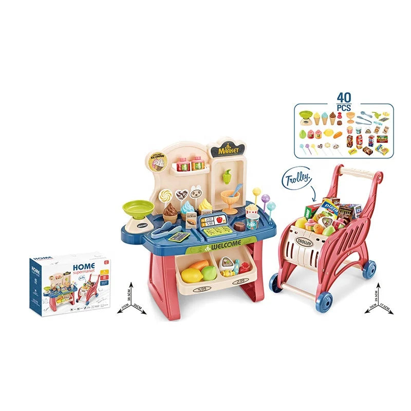 KTX-113427 Mini Plastic Cash Register Table and Shopping Cart Playset for Kids Ages 2-7