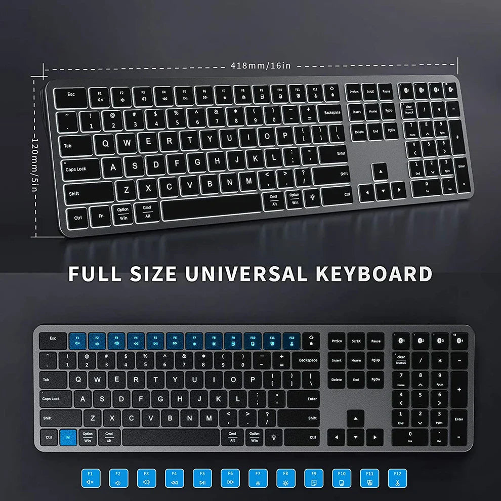 HKM-395731 Full-Size Backlit Wireless Keyboard for Multiple Devices - Rechargeable, Compatible with iOS, Android, and Windows