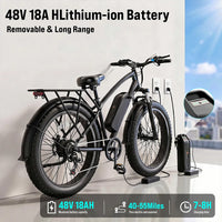 Adult Electric Bike 26 Inch Fat Tire Commuter Ebike 48V 18Ah Removable Battery 750W Motor 28MPH Rear Rack Fenders