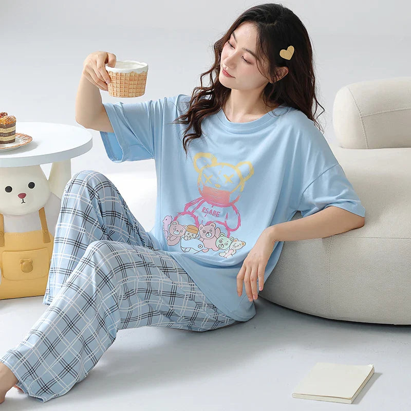 HKM-870419 Perfect Quality Nightclothes Cartoon Pyjamas Women'S Sleepwear Home Wear 2 Piece Set Short Sleeve Trouser Loose Pajamas