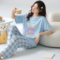 HKM-870419 Perfect Quality Nightclothes Cartoon Pyjamas Women'S Sleepwear Home Wear 2 Piece Set Short Sleeve Trouser Loose Pajamas