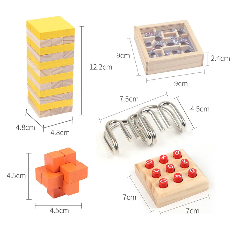 KTX-620371 5-in-1 Wooden Block Puzzle Set with Metal Ring Brain Teaser for Kids