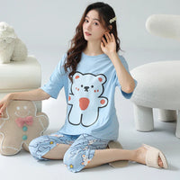 HKM-739347 New Arrival 2 Sets Short Sleeve Seven-minute Pants Thin Cute Cartoon Sleepwear Women's Cotton Pajamas