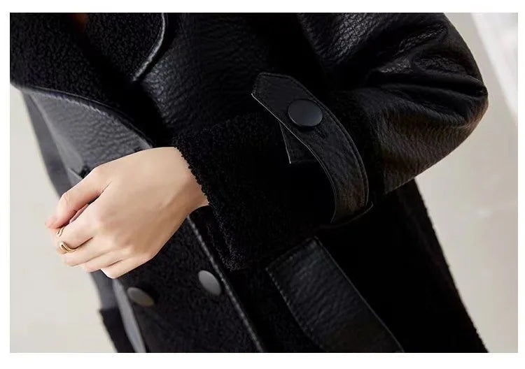 KTX-405907 Woman Leather Jacket Winter Mid to Long Length Fur Integrated With Plush Thickened Collar Wind Breaker Jacket