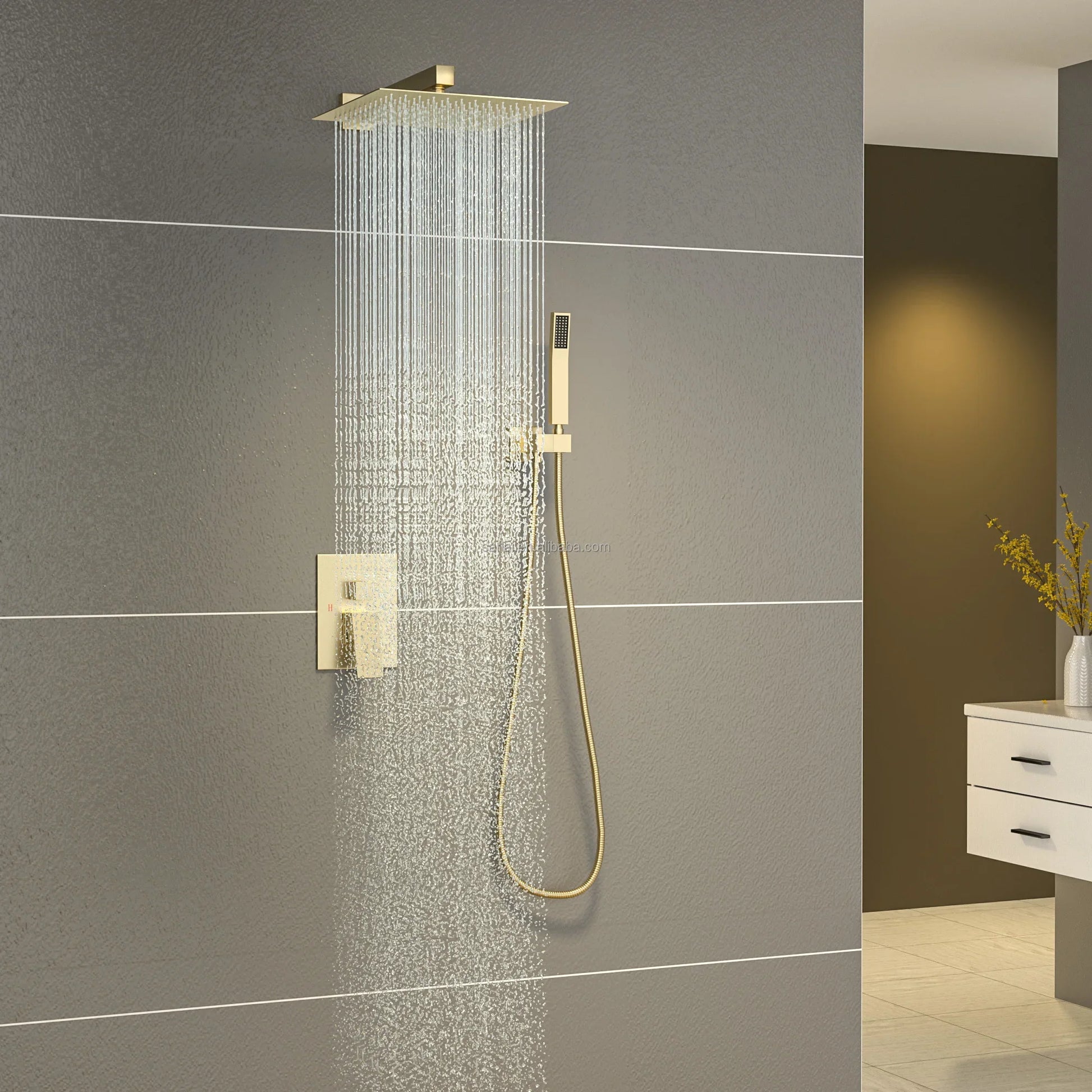 KTX-769299 Contemporary Thermostatic Rain Shower Head and Handheld Faucet Set in Polished Brass Chrome Finish