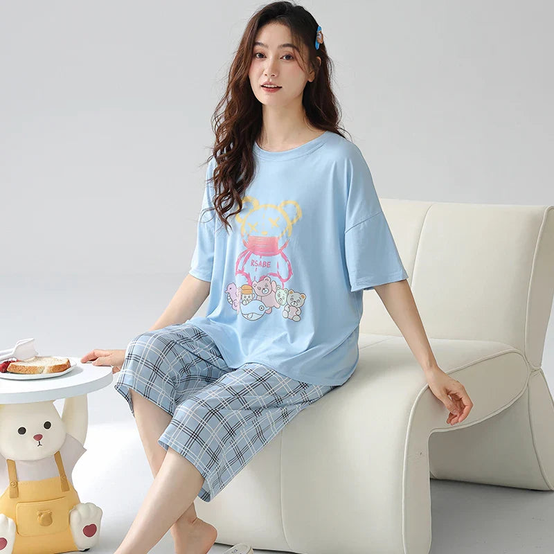 HKM-477203 Women's Cotton Short-sleeved Seven-point Pants Summer Home Service Suit Women's Loose Hedging Cartoon Pajamas