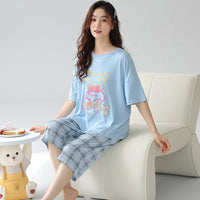 HKM-477203 Women's Cotton Short-sleeved Seven-point Pants Summer Home Service Suit Women's Loose Hedging Cartoon Pajamas