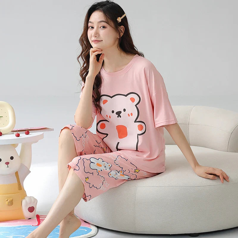 HKM-706579 Cotton Pajamas for Women Comfy Loungewear Women Crop Top and Pants Two Piece Pyjamas Womens Sleepwear Sets